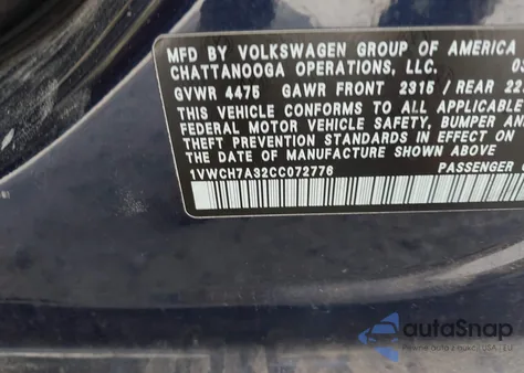 2012 Volkswagen Passat 2.5L Sel z USA, uszkodzony, nr VIN 1VWCH7A32CC072776